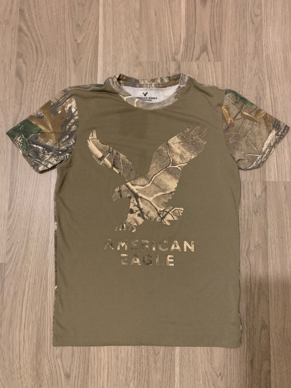 American Eagle Outfitters Olive Green Tee with Camo Eagle Graphic
